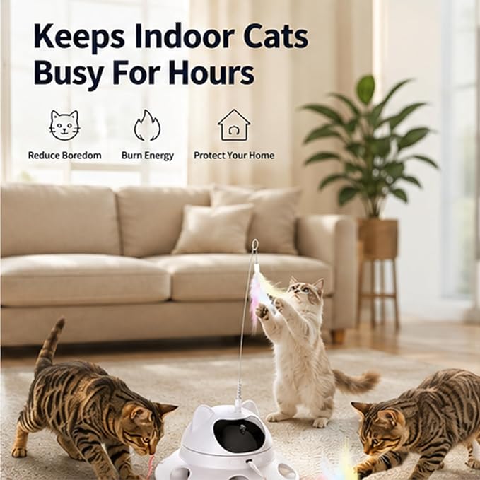Parakeets Conures Cockatiels 3-in-1 Auto Cat Toy, USB Recharge Motion Activated Kitten Feather Chase Toy - Snow-White