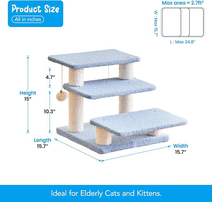 15''H Multi-Step Pet Stairs for High Beds & Sofas, 3-Step Cat Stairs with 2 Toy Balls, Wide Boards for Indoor Kittens Dogs Pets Climbing, Blue