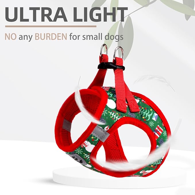 PUPTECK Adjustable Dog Harness Collar and Leash Set Step in No Pull Pet Harness for Small Medium Dogs Puppy and Cats Outdoor Walking Running, Soft Mesh Padded Reflective Vest Harnesses, Christmas, XXS
