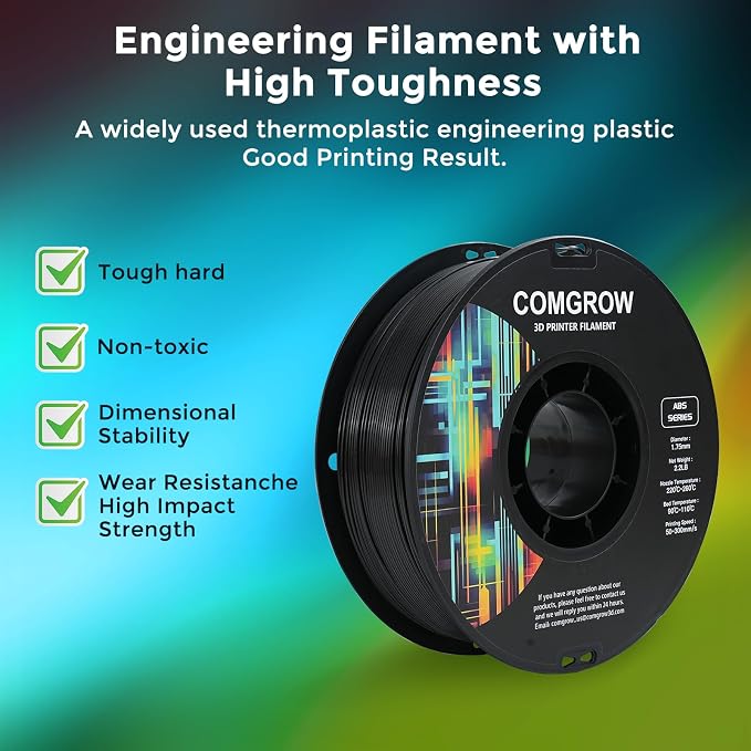 Comgrow ABS 3D Printer Filament, 1.75mm, Heat Resistant, 1kg, Black