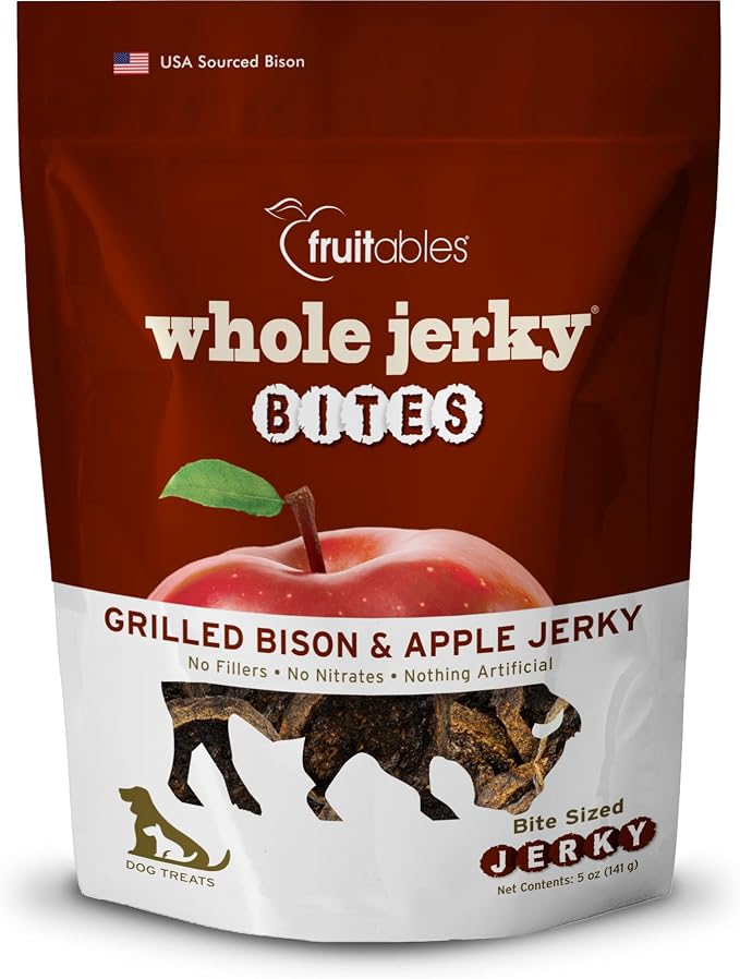 Fruitables Whole Jerky Bites, Healthy Dog Treats, Puppy Essentials, Jerky Dog Treats, Made in the USA, No Artificial Ingredients, Grilled Bison & Apple Flavor, 5oz