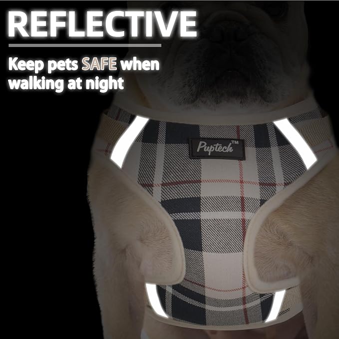 PUPTECK Dog Harness and Leash Set, No Pull Adjustable Pet Small Dog Harness, Reflective Soft Mesh Pet Vest, for Small Medium Dogs Walking, Beige Plaid, XS