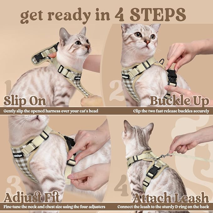 rabbitgoo Cat Harness and Leash Set, Escape Proof Vest, Foamy Coffee | Soft Breathable Mesh, Easy Adjustable Fit, Snap Buckles, Sturdy Clip, Reflective Strips, for Average Cats Walks, S