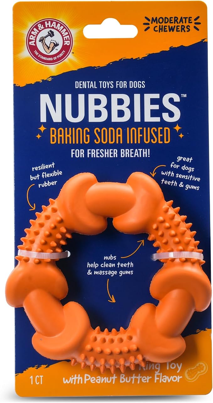 Arm & Hammer Nubbies Rubber Ring Dog Dental Chew Toy, Peanut Butter | Baking soda infused, no-stuffing design, reduces plaque and tartar buildup, for moderate chewers daily
