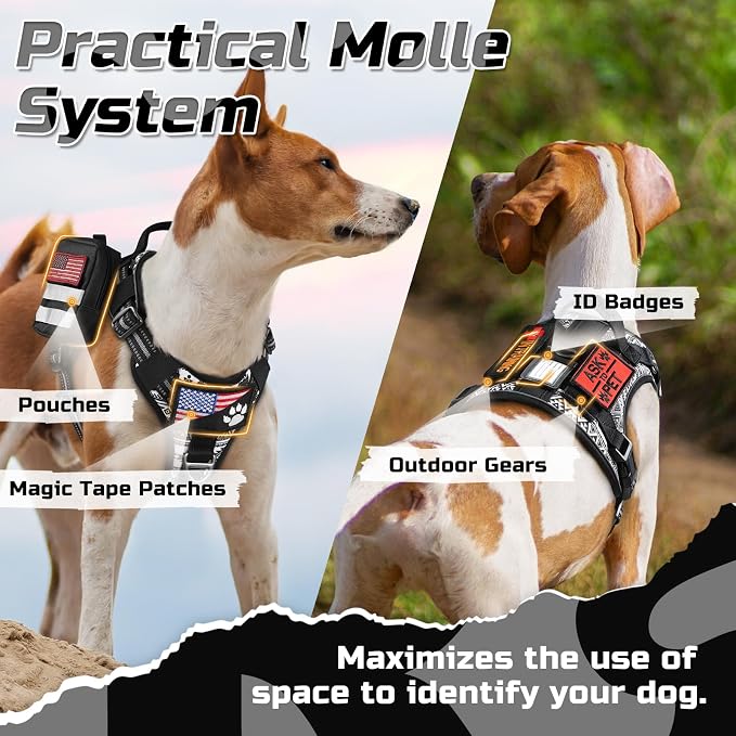 rabbitgoo Tactical Dog Harness for Large, No Pull Military Service Vest | Molle & Handle, Heavy Duty, Adjustable, Reflective Straps, Easy Control for Training Walking, B&W Geometric, Large