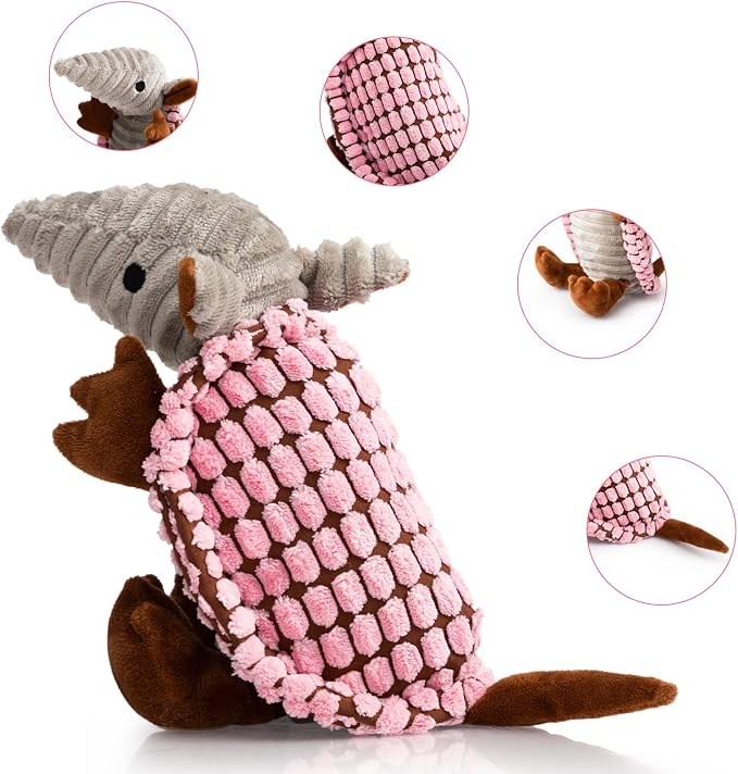 Hollypet Armadillo Squeaky Puppy Dog Toys for Small Medium Dogs, 8" | plush stuffed small dog squeak animal toy with unique grunt squeaker textured fabric for teeth cleaning toys