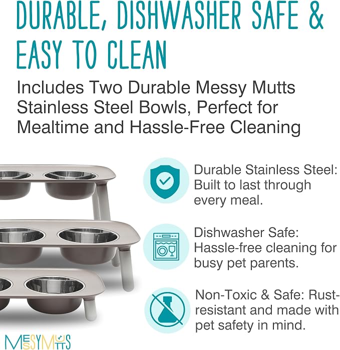 Messy Mutts Elevated Double Dog Feeder, Adjustable Height, Dark Grey | Adjustable-Height Elevated Double Dog Feeder With Two 5 Cup Stainless Bowls, Legs Set To 3, 5, Or 10 Inches