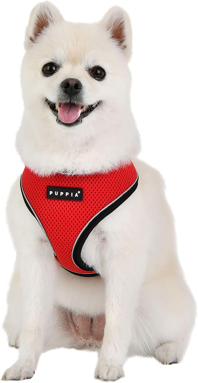 Puppia Soft Dog Harness Pro No Choke Over-The-Head Reflective Straps Triple Layered Breathable Mesh Adjustable Chest Belt and Quick-Release Buckle, RED, X-Large