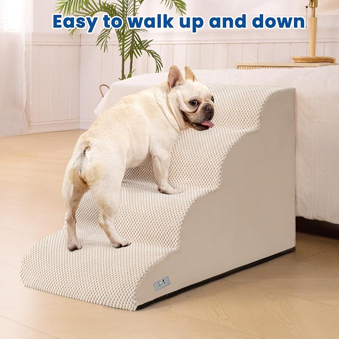 Airpanda Dog Steps for Bed, 4 Step Pet Stairs for Small and Medium Dogs, Non-Slip Dog Ramp with Washable Cover, High-Density Support Foam for Easy Climbing,Beige