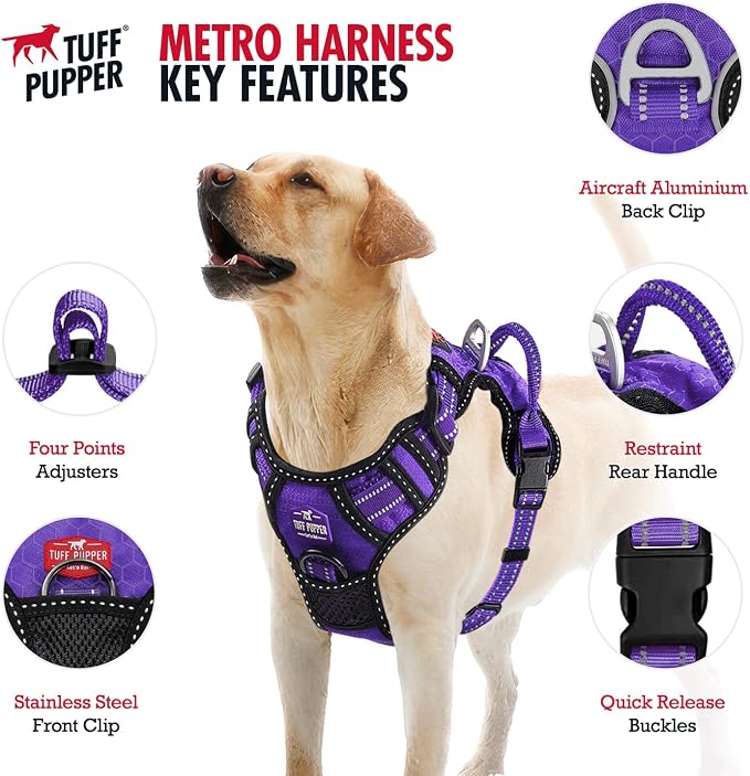 Tuff Pupper No Pull Easy Walk Dog Harness | Heavy Duty Pet Vest | Front & Back Leash Clips | Strong Safety Handle | Reflective Anti Pull Vest | Comfortable Padded Escape Proof Harness (Large, Purple)