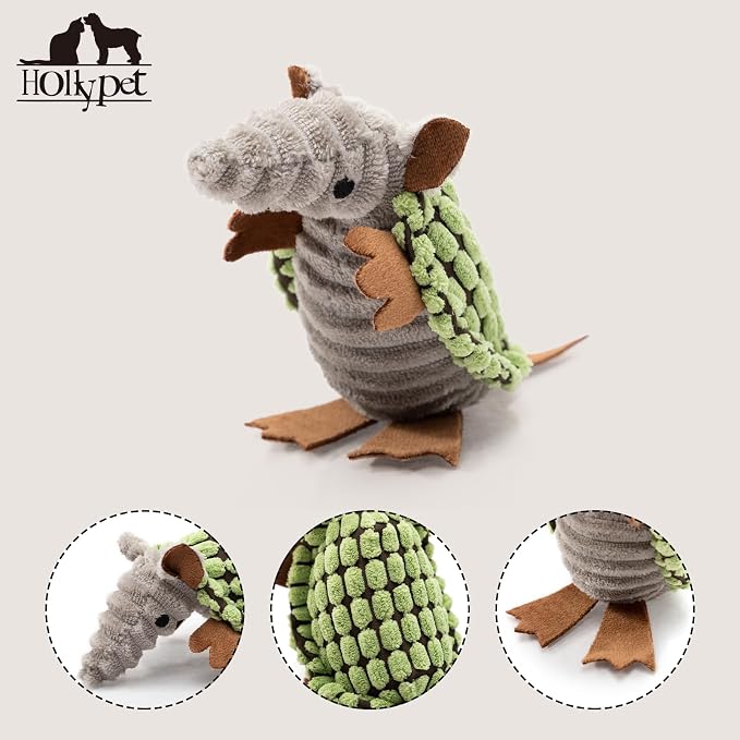 Hollypet Armadillo Squeaky Puppy Dog Toys for Small Medium Dogs, 6" | plush stuffed small dog squeak animal toy with unique grunt squeaker textured fabric for teeth cleaning toys