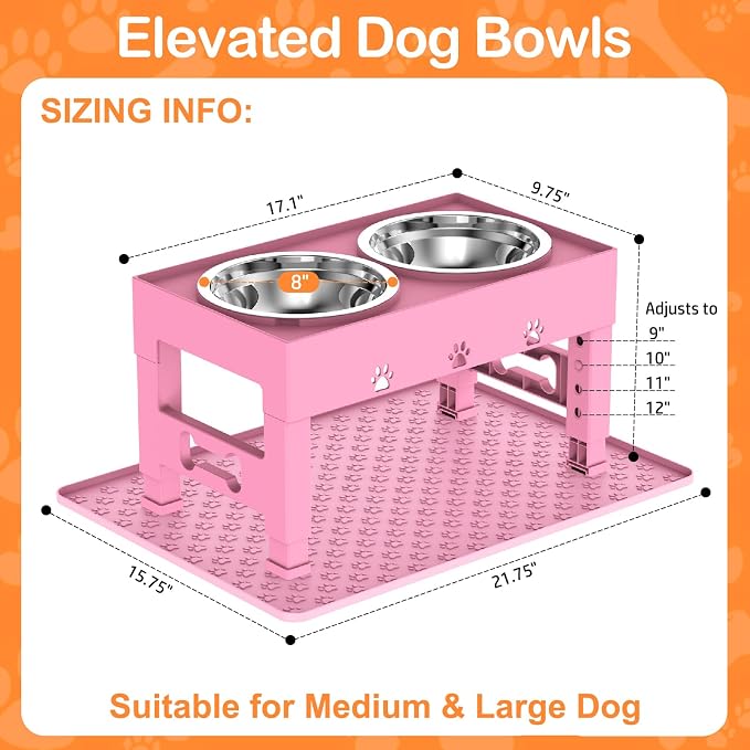 LAKIPETN Elevated Dog Bowls with Mat, Raised Dog Food Bowl Stand with 2 Stainless Steel Bowls, 5 Height Adjustable (3.1", 9", 10", 11", 12") Non-Slip Feeder Set for Medium and Large Dogs – Pink