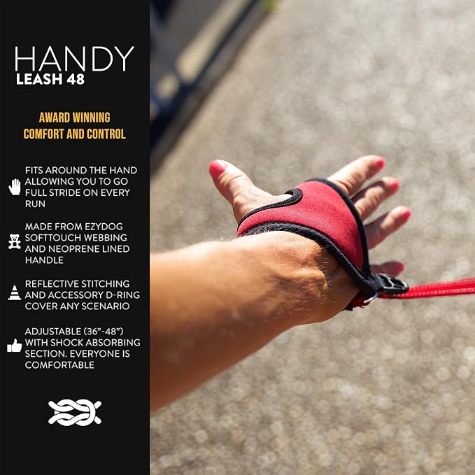 EzyDog Handy 48 Bungee Dog Leash, 48" Hand Free Glove Running Leash - Black | Adjustable 36” - 48” In., Superior Control, Reflective Stitching, Zero Shock-Absorbing Bungee Leash, Combine with other Leash