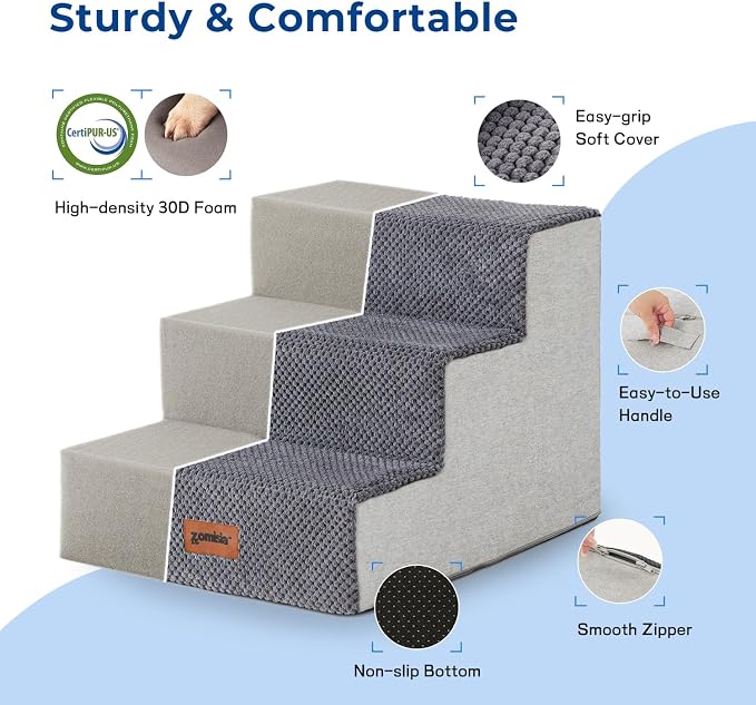 ZOMISIA Dog Steps for Couch - Pet Stairs for Small Dogs and Cats, Dog Steps with Non-Slip Bottom Grey 3 Steps, Grey