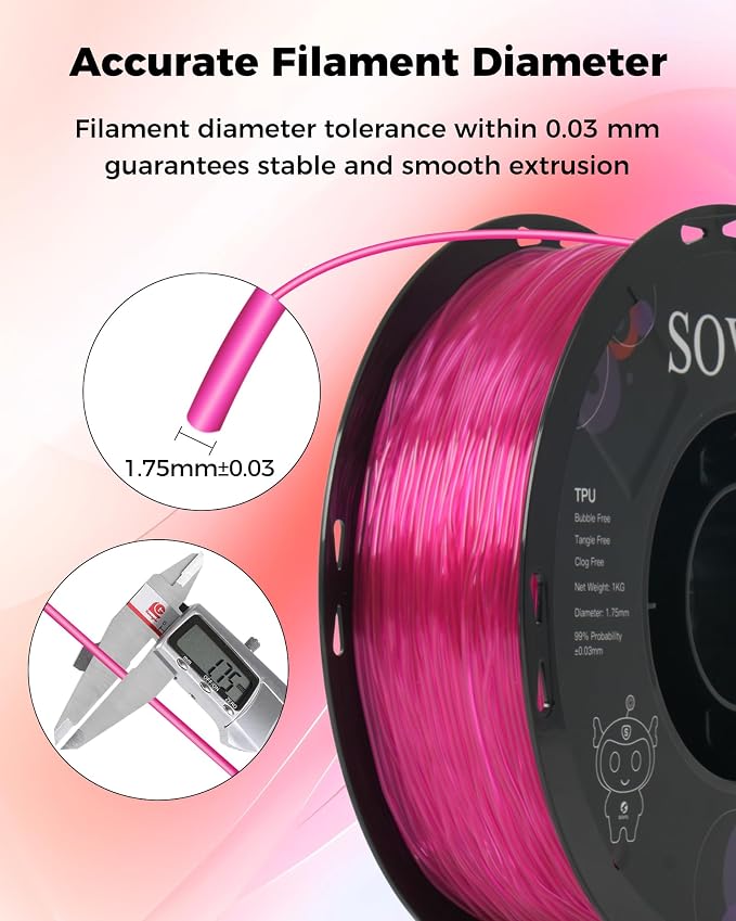 Sovol TPU Filament 1.75mm, 95A Soft TPU Flexible 3D Printer Filament with High Elasticity, 1kg (2.2lbs), Dimensional Accuracy +/- 0.03 mm, Fit Most FDM Printer, Clear Rose Red