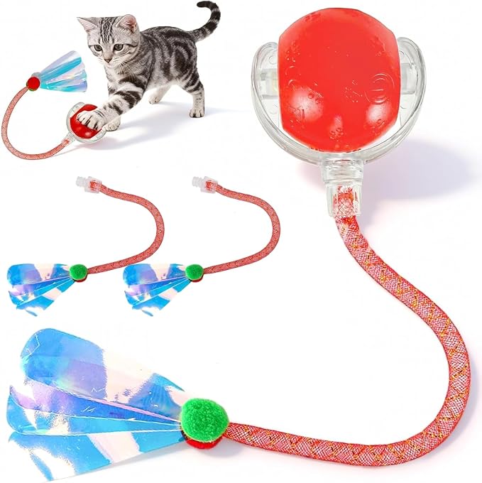 Rocfish Durable Interactive Cat Toys for Indoor Cats (red, 03) | Smart Automatic Cat Chase Ball Toy, Upgraded Speedy Tail Kitten Toy for Bored Indoor Adult Pets