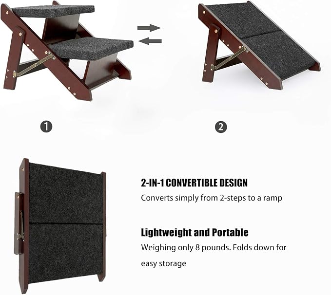 MEWANG Wooden Pet Stairs/Pet Steps - 2-in-1 Foldable Stairs & Ramp for Beds and Cars - Portable Dog/Cat Ladder Up to 220 Pounds - Great for Small and Older Animals(Brown) (17.3" L x 17.24" W x 13" H)