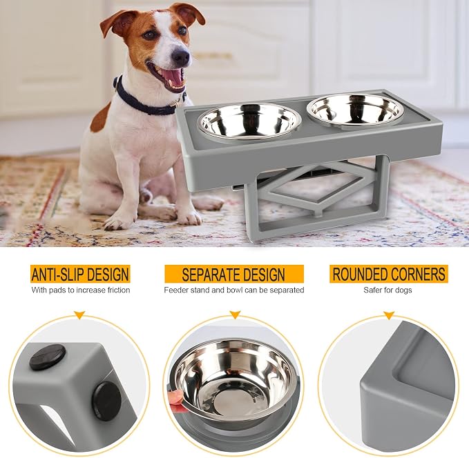 Elevated Dog Bowls for Large Dogs, Medium and Small - Raised Dog Bowl Stand Feeder Dog Dish Food Bowls - Double Stainless Steel Food and Water Bowls, 3 Heights, 2.8”, 7.7”, & 11.8” (Grey)
