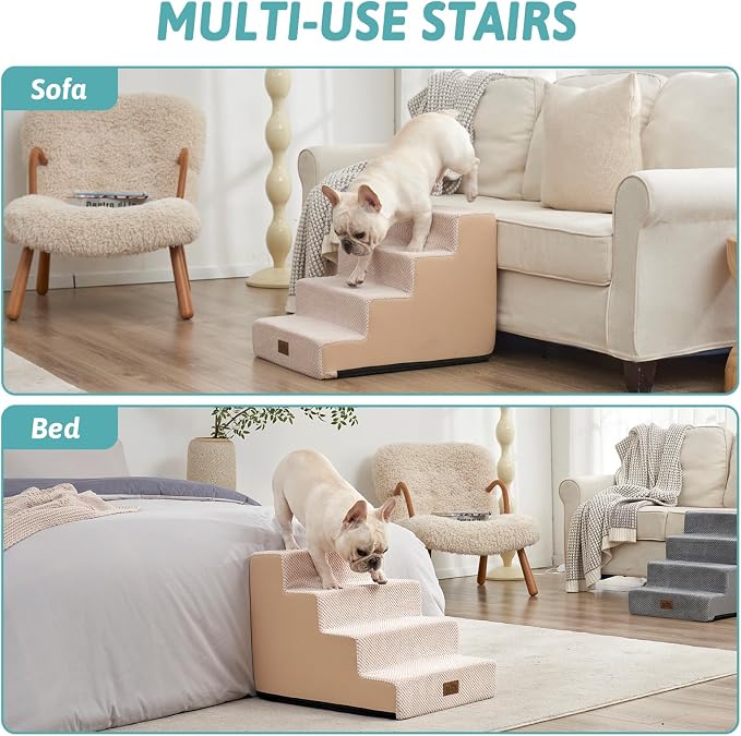 COZY KISS Dog Stairs for Small Dogs, 4 Step Pet Stairs for Beds & Couches | 17.7" Wider H Non-Slip Dog Steps for Bed, Ideal for Puppies, Senior Cats, and Small to Medium Dogs, 17.7x23.6x17.7 in, Beige