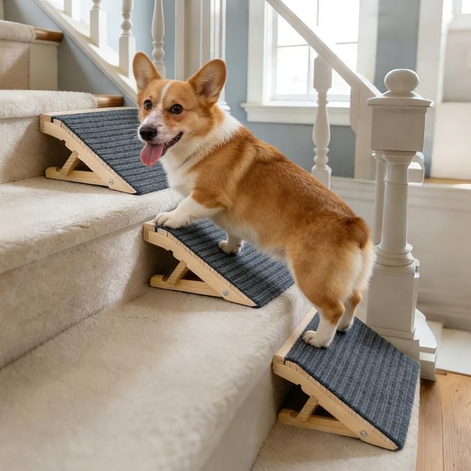Adjustable Dog Ramp for Stairs, 2-Height Foldable Wooden Pet Steps | 3 Pack, 4.3"/5.5"H, Gentle on Joints, for Small & Senior Dogs, with Anti-Slip Carpet, Solid Wood, 170 lbs, No Assembly