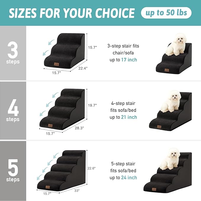 COZY KISS Dog Stairs for Small Dogs 15.7" H, Curved Dog Step for Puppy, Older Cat, Medium Pet Ramp for Sofa, Couch or Chair, Ladder with High Density Foam, 3 Step, 15.7x22.4x15.7 inch, Black