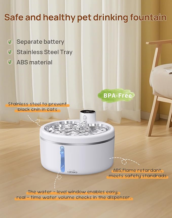 Wireless Cat Water Fountain [with Stainless Steel Tray], 84oz/2.5L Pet Fountain for Cats Inside, Cat Fountain for Drinking with Motion Sensor, Ultra Quiet for Small Animals-[BPA-Free] (84oz+8Filters)