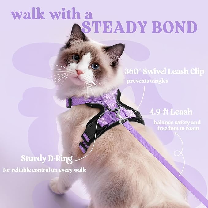 rabbitgoo Cat Harness and Leash Set, Escape Proof Vest, Light Purple | Soft Breathable Mesh, Easy Adjustable Fit, Snap Buckles, Sturdy Clip, Reflective Strips, for Kittens & Small Cats Walks, Xxs