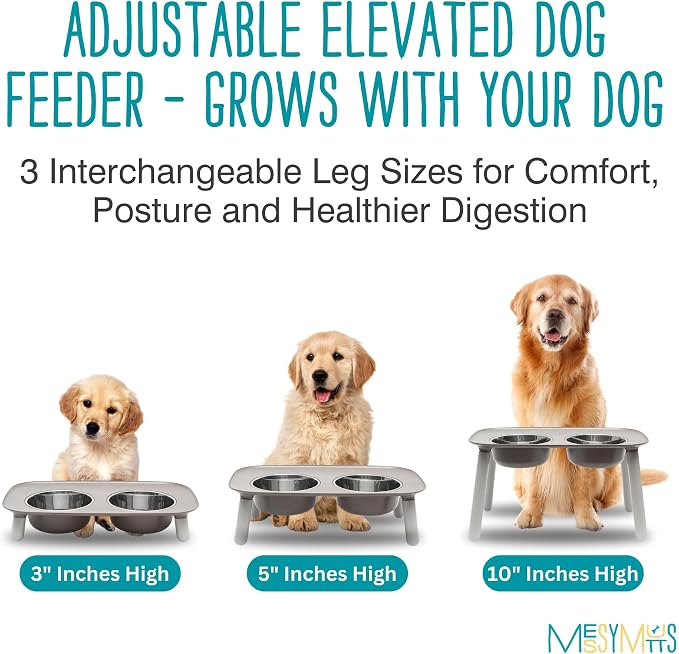 Messy Mutts Elevated Double Dog Feeder, Adjustable Height, Dark Grey | Adjustable-Height Elevated Double Dog Feeder With Two 5 Cup Stainless Bowls, Legs Set To 3, 5, Or 10 Inches