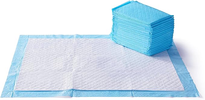 Amazon Basics Super Absorbent Dog and Puppy Potty Pads, Leak-Proof 5-Layer Design with Quick-Dry Surface for Housebreaking, Heavy Duty Absorbency, X-Large, 28 x 34 Inch, Blue & White, 25-Pack