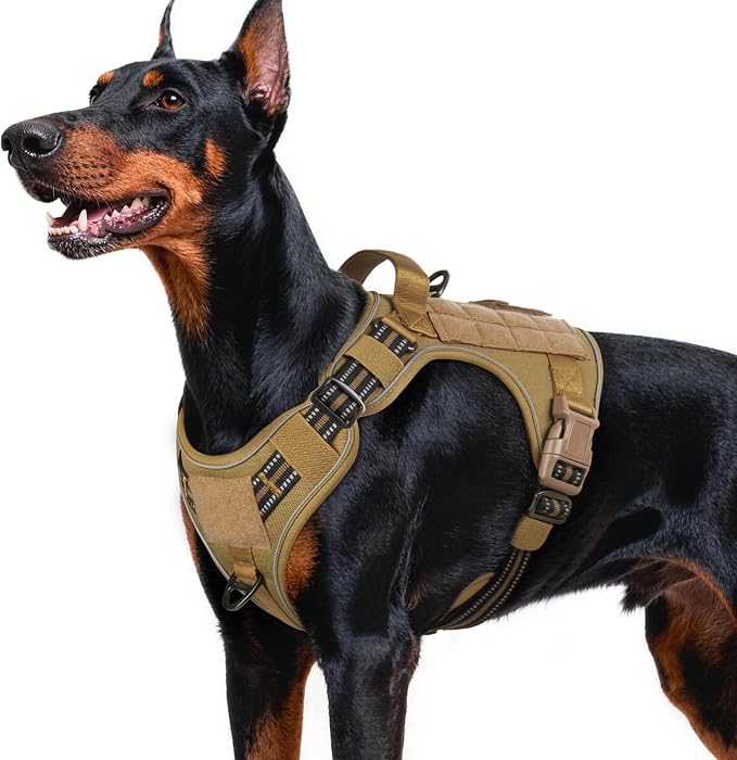 rabbitgoo Tactical Dog Harness for Large Dogs, No Pull Service Pet Vest | Military Molle System & Easy Control Handle, Adjustable and Reflective for Walking and Training, Brown, Large