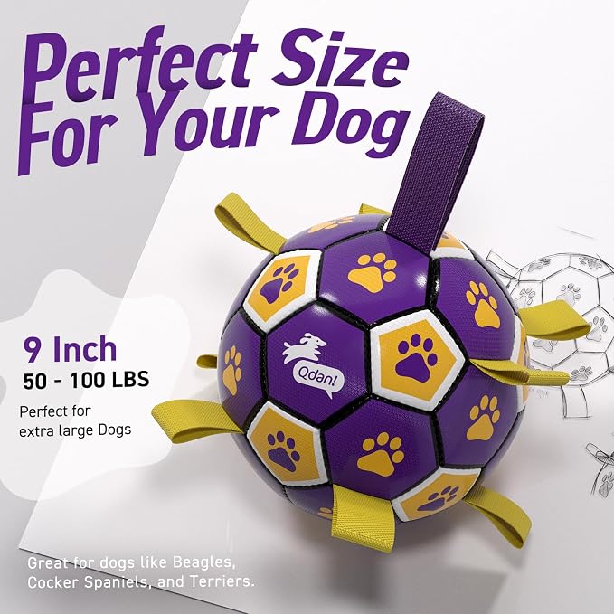 QDAN Extra Large Dog Toy Soccer Ball, Durable Dog Balls with Straps, 9 Inch | Herding Ball for Dogs Large, Interactive Dog Toys for Tug of War, Outside Water Toy, Training Soccer Balls >90 lbs Dogs