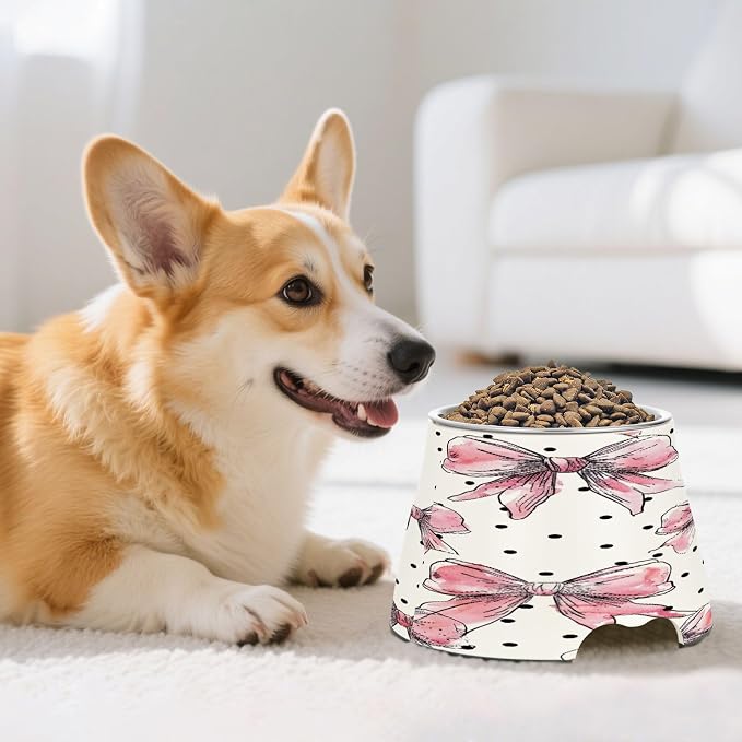 YETTASBIN Bow Pink Elevated Dog Bowls, Prevention of Vertebrae Disease Raised Dog & Cat Bowl Stand with Removable Stainless Steel Bowls, Non-Slip Spill-Proof Pet Food & Water Bowl Dish