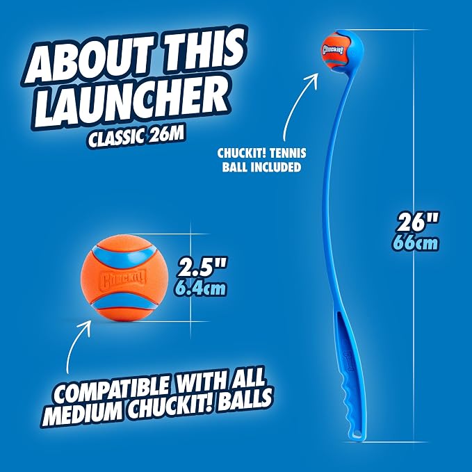 Chuckit! Classic 26M Dog Ball Launcher, 26in, Includes Medium 2.5in Ball | Compatible with Medium 2.5 In Balls, for Dogs 20-60 Pounds, Made in USA, Comes with 1 Medium Ultra DogBall