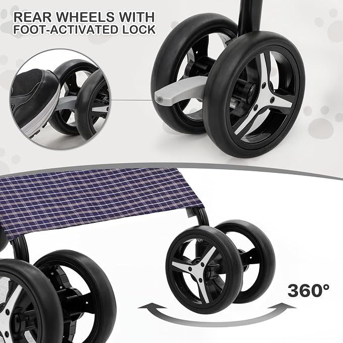 MoNiBloom 4-Wheel Foldable Pet Stroller - Plaid, up to 22lbs
