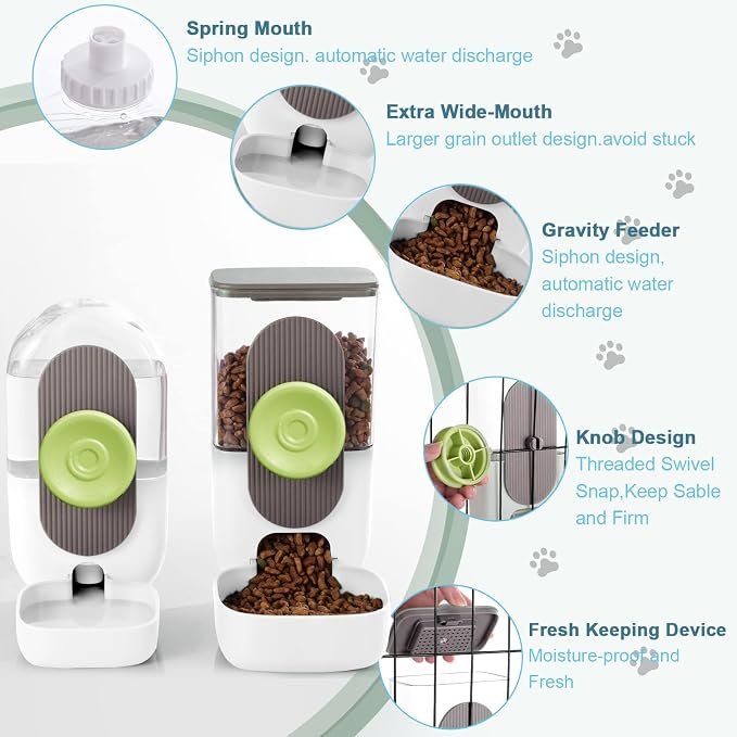 Lemtrflo Hanging Automatic Food Water Dispenser,Gravity Rabbit Feeder, Water Dispenser Food Bowl for Bunny Chinchilla Guinea Pig Hedgehog Ferret (White Brown)