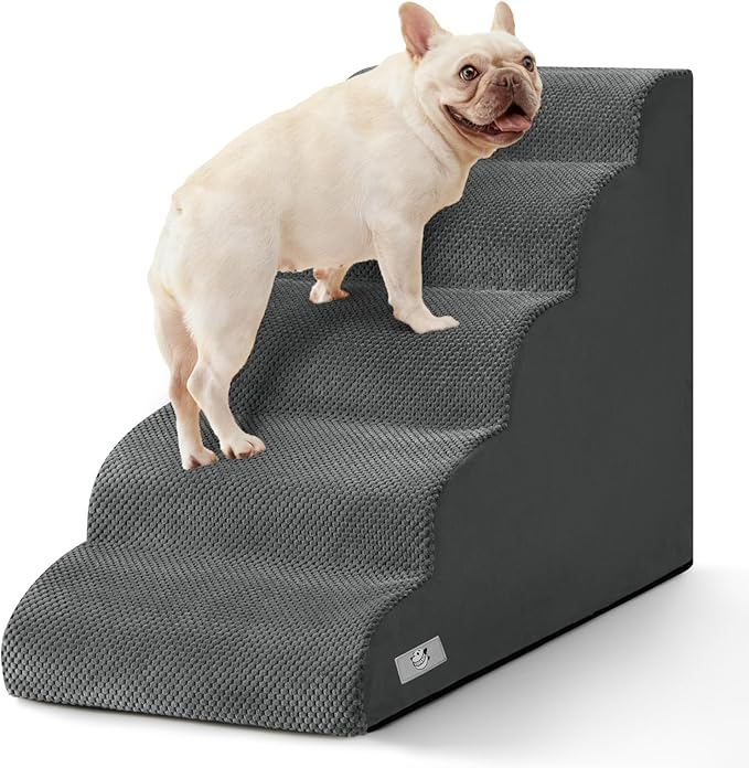 Airpanda 5 Step Dog Stairs for High Bed – Pet Steps for Small Dogs, Non-Slip Dog Ramp with Washable Cover, Pet Ladder for High Beds,Grey
