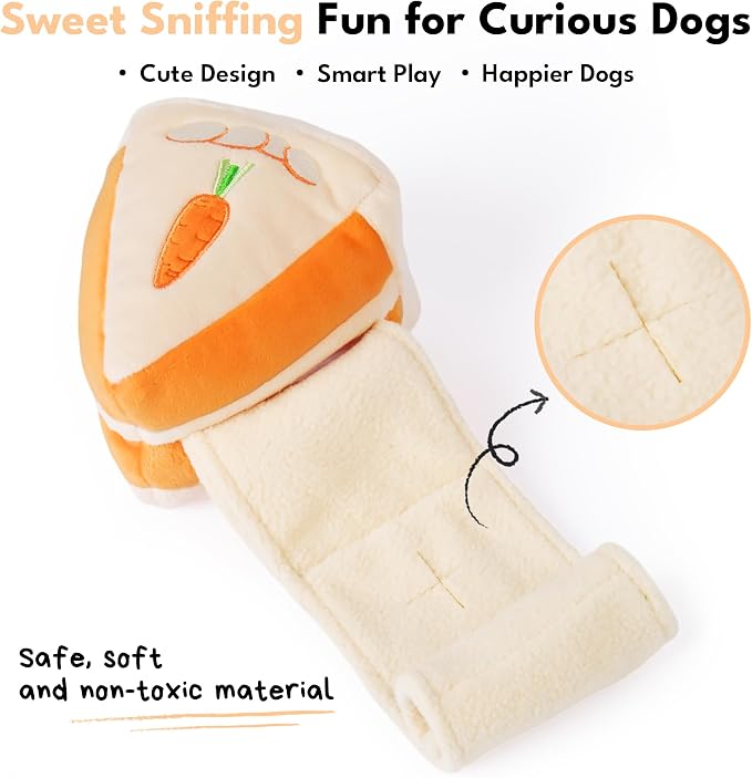 CHEWFFON Dog Interactive Toy, Puzzle Snuffle Carrot Cake for Enrichment | Treat-Hiding, Squeaky & Crinkle, Boredom Relief and Mental Stimulation, Indoor Brain Game for Small Medium Dogs