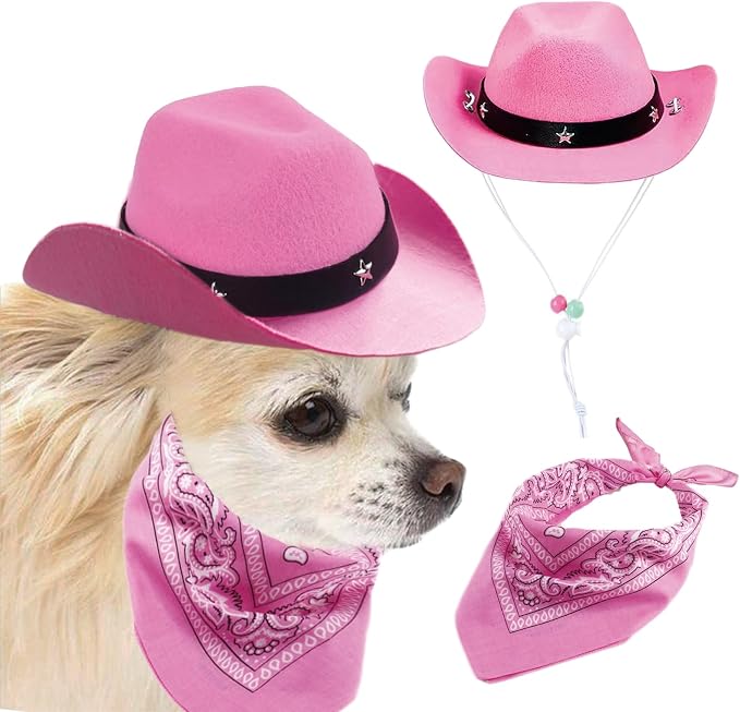 Dog Cowboy Hat and Bandana Scarf Dog Cat Sombrero Puppy Hat Dog Cat Costume, 20 cm, Polyester, Pink
