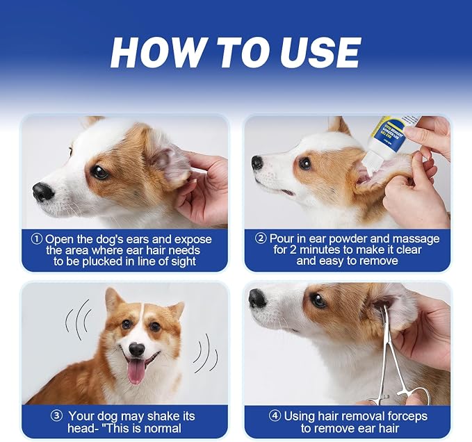 Dog Ear Hair Removal Tool with Ear Powder & 5.5" Curved Forceps