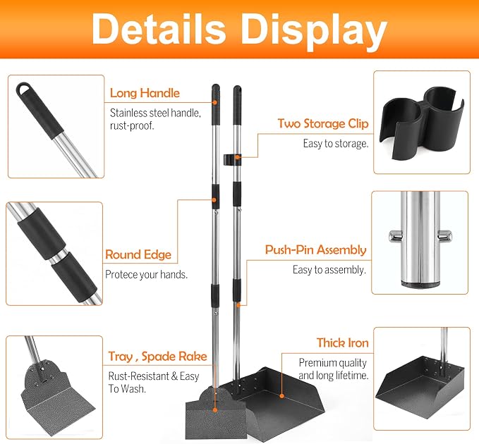 Pooper Scooper, Metal Aluminum Tray and Spade Poop Scoop Set with Adjustable Stainless Steel Long Handle, Pet Waste Removal Heavy Duty Poop Scooper (Tray&Spade, Small)