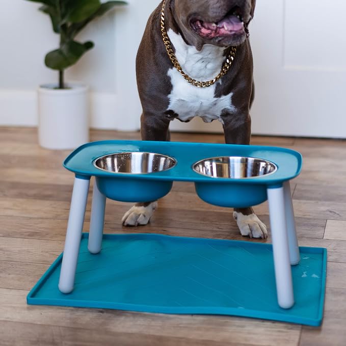 Messy Mutts Elevated Double Dog Feeder, Adjustable Height, Blue | Adjustable-Height Elevated Double Dog Feeder With Two 5 Cup Stainless Bowls, Legs Set To 3, 5, Or 10 Inches
