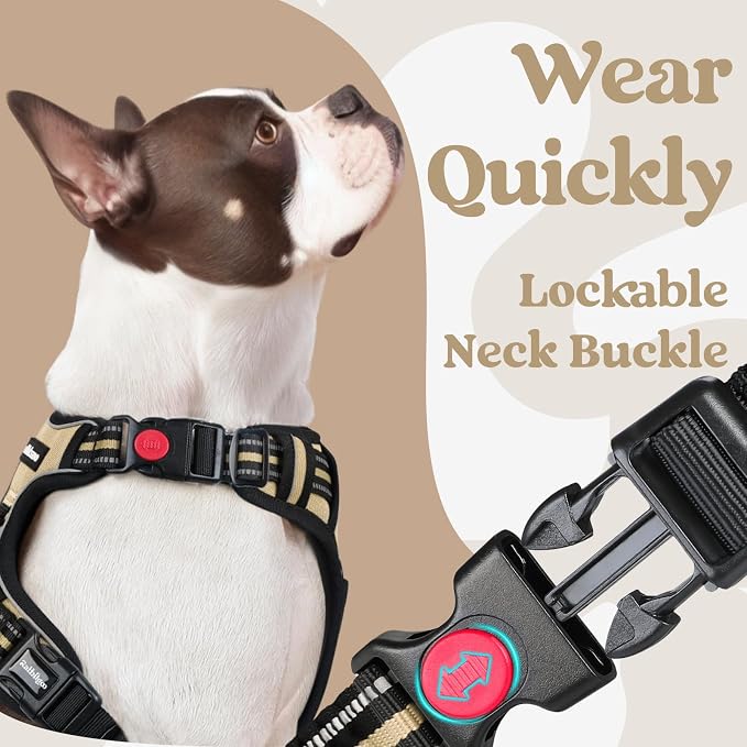 rabbitgoo Dog Harness Medium Sized, Updated Easy On & Off with 3 Buckles | No Pull No Choke, Walking with 2 Clips and Handle, Adjustable Soft Reflective, Beige, Medium