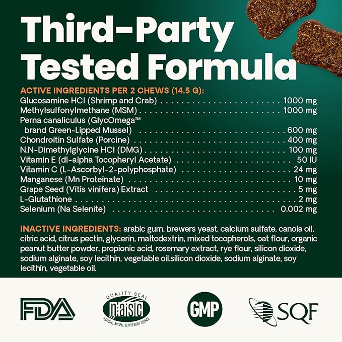 VetriScience Ultimate Strength Healthy Hip & Joint Chews, GlycoFlex Glucosamine, Chondroitin and Green-Lipped Mussel Joint Support Supplement for Dogs, Soothe Discomfort, Peanut Butter, 60 Chews