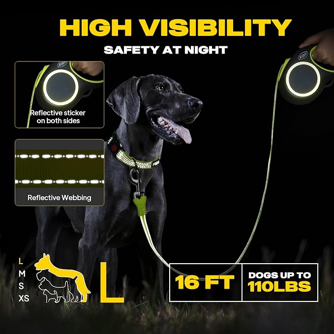 Fida Retractable Dog Leash, Reflective 16ft Heavy Duty Pet Walking Leash for Medium/Large Dog up to 110 lbs, Tangle Free. One-Hand Brake (Large, Neon Yellow)