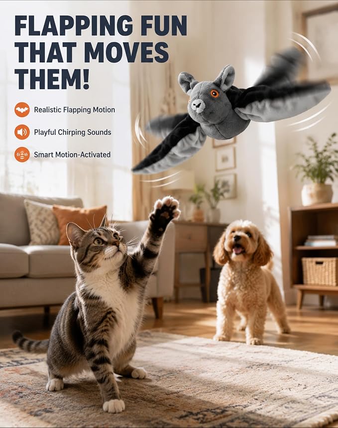 Wild Paws Flying Bat Dog Toy,Wild Whisker Flying Bat with Pet Hair Removal Glove, Rechargeable Motion Activated Dog & Cat Toy for Indoor Outdoor Play
