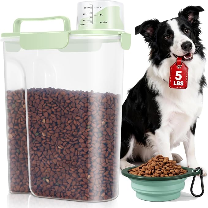 TBMax Travel Dog Food Storage Container 5 lbs with Dog Bowl, 5 lbs, Green