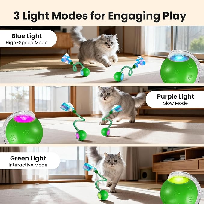 Rocfish Durable Interactive Cat Toys for Indoor Cats (Green, 03) | Smart Automatic Cat Chase Ball Toy, Upgraded Speedy Tail Kitten Toy for Bored Indoor Adult Pets
