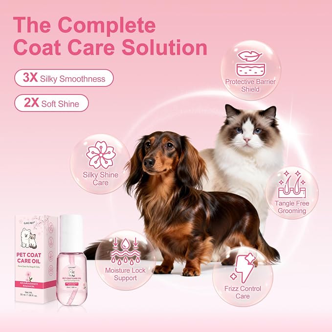 Pet Coat Care Oil, Cherry Blossom & Squalane Extract | Luster Enhancing Elixir, Radiant Shine & Protective Coating; Professional Silk Gloss Finish for Dull Coats, Non-Greasy, Dogs Cats, 1.69 fl. oz