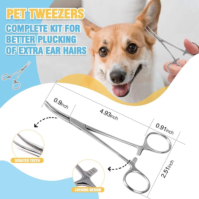 Dog Ear Powder for Hair Removal Kit, 42g, with Curved Grooming Tweezers