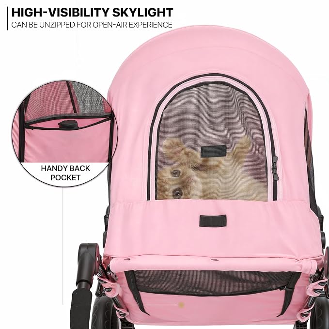 MoNiBloom 3-Wheel Pet Stroller for Large Dogs - Pink, up to 55lbs, Dual Entry